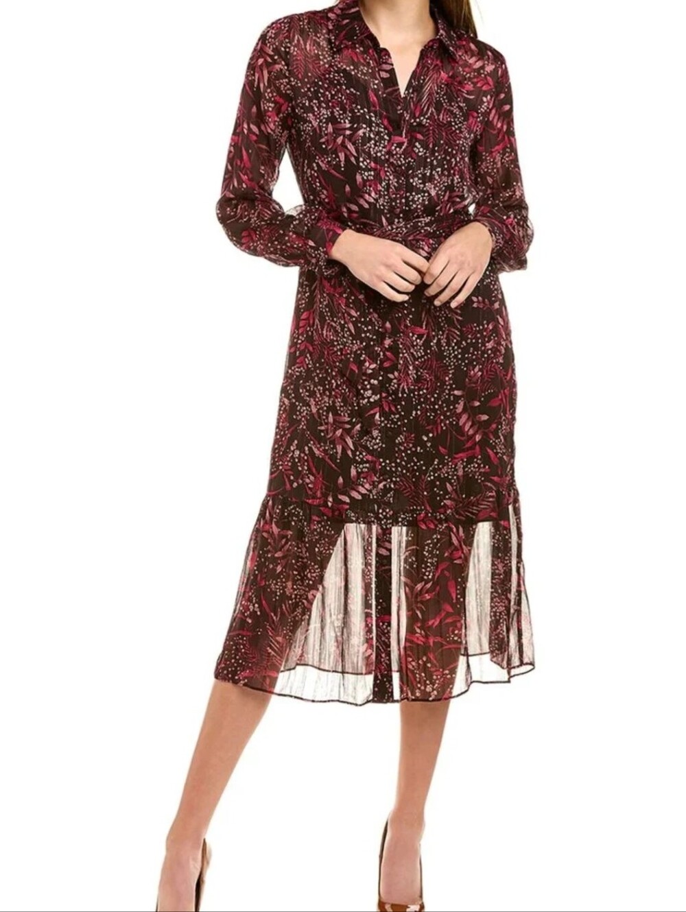 Nanette Lepore Floral Sheer Belted Midi Shirt Dress Sz 10 Long Sleeve